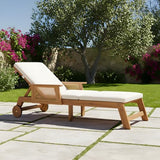 Merax Retro Acacia Wood Outdoor Chaise Lounge with Wheels & 3-Position Adjustable Backrest, Vintage Wicker Design Sun Lounger with Plush Removable Cushion for Patio, Garden & Poolside, Acacia Wood