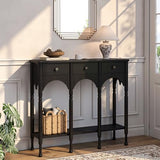 Topbele Console Table with 2 Drawers & Shelf, 40" Mid-Century Modern Entryway Table, Retro 2-Tier Sofa Table, Wooden Accent Table for Living Room, Hallway, Black Topbele
