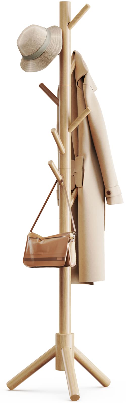 Pipishell Coat Rack Sturdy Wooden Coat Rack Stand, Adjustable Coat Tree, Free Standing Tree Hanger with 4 Sections & 8 Hooks, for Home/Bedroom/Office/Hallway/Entryway Pipishell