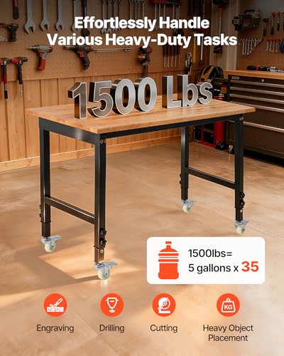 VEVOR Adjustable Workbench on Wheels, 1500 lbs Capacity, 48 x 24 Inch Oak Wood Top Workbench with 28.5-42.3 Inch Height Adjustment, Heavy-Duty Hardwood Worktable for Garage, Workshop, Home, Office VEVOR