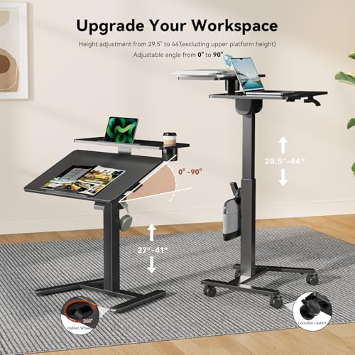Liftsync 28Inch Rolling Standing Desk On Wheels， Small Computer Workstation Adjustable Height， Mobile Laptop Stand with Tiltable Desktop， 2-Tier Portable Study Table with Storage Shelves， Black Liftsync