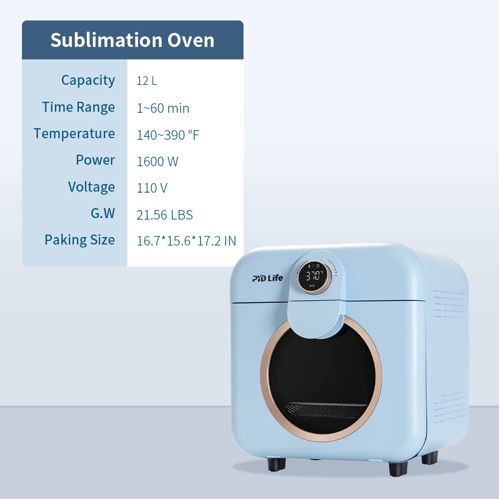 PYD Life Mini Sublimation Oven Machine 12 L 110 V 1600 W Light Blue Heat Press Machine for Sublimation Blanks Mugs Tumblers Cups Water Bottles Sublimation Printing PYD Life