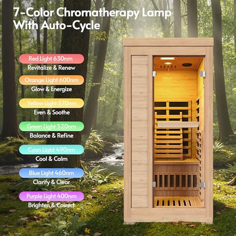 Rotihom 1-2 Person 6.3Ft Infrared Sauna, 7 Color Full Spectrum Wood Dry Sauna. Canadian Hemlock Indoor Saunas with 1745W 20Min Fast Heating & Music Speakers for Home & Gym (40" Lx36 Wx76 H) Rotihom