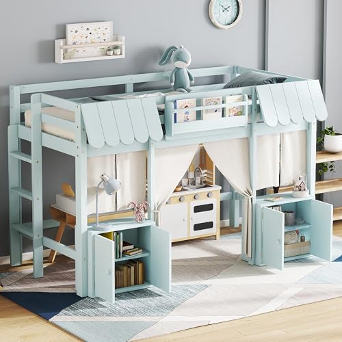 Harper & Bright Designs Twin Size Low Loft Bed for Kids, Solid Wood Loft Bed Frame with Built-in Bookshelf, Storage Shelf, Curtain, Guardrail and Ladder for Boys Girls, Easy Assembly, Light Blue Harper & Bright Designs