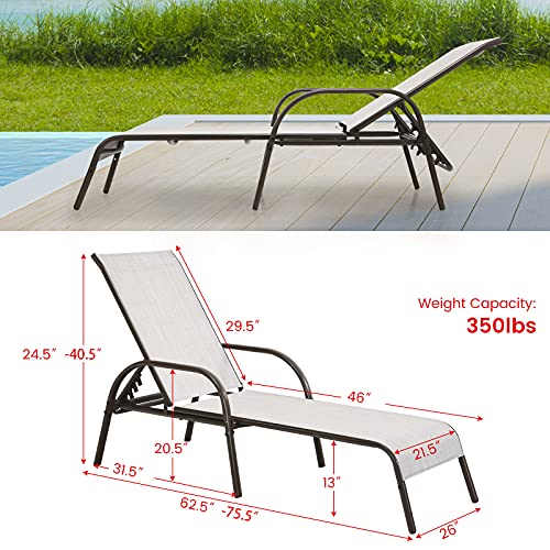 Giantex Set of 2 Patio Lounge Chair, Outdoor Chaise Lounge with 5 Adjustable Backrest, Sturdy Steel Frame, Sunbathing Recliner, Beach Chair, Tanning Chair for Outside, Yard, Balcony, Pool Chairs, Grey
