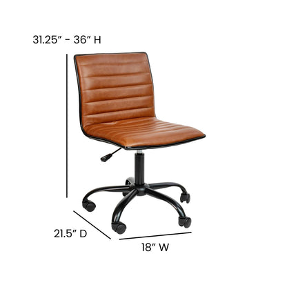 Flash Furniture Alan Low-Back Ribbed Upholstered Vinyl Swivel Desk Chair with Padded Seat, Modern Adjustable Height Padded Office Chair, Brown