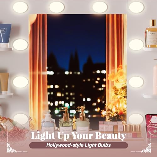 Furmax Vanity Desk with Mirror and LED Light Bulb, Small Makeup Vanity Table with Drawers, Dressing Table with Power Outlet and Hair Drayer Holder for Bedroom (White & Gold) Furmax