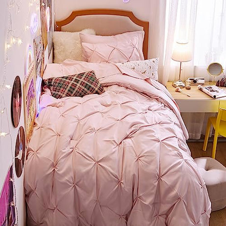 Bedsure Twin Comforter Set Pink for Women - Bed in a Bag Twin Size Bedding 5 Pieces, GentleSoft™ Pintuck Bed Set Gift for Family, Pinch Pleat Pink Comforter with Sheets, Pillowcase & Sham Bedsure