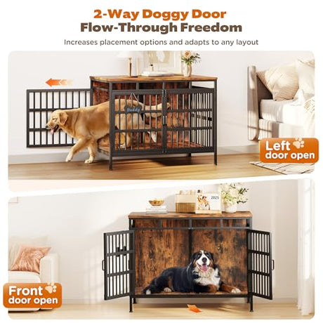 Linvivon 47 Inch Dog Crate Furniture, Heavy Duty Dogs Kennel for Small Medium Large Dogs, Double Doors Indoor Decor Pet House Cage, Anti Escape Wooden Dog Cage with Name Tag End Table, TV Stand, Brown Linvivon