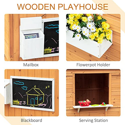 Outsunny Wooden Playhouse for Kids Outdoor with Working Door, Windows, Mailbox, Bench, Flowers Pot Holder, 48" x 42.5" x 53" - WoodArtSupply