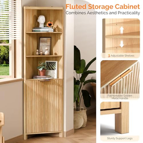 VINGLI 68" Tall Corner Cabinet with Fluted Doors,Corner Bathroom Storage Cabinet Pantry Hutch Display Shelves Adjustable for Kitchen, Living Room Modern Space Saver Shelf Bathroom Furniture,Oak VINGLI