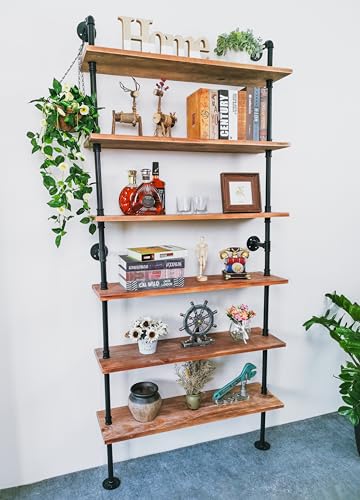 Anynice 6 Tier Industrial Ladder Pipe Shelf Bookcase, Rustic Wall Mounted Pipe Bookshelves for Decor and Storage Anynice