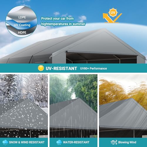 AirWire Carport, Heavy Duty Car Port 20x20 FT, Large Car Canopy with Roll-Up Windows & Side-Opening Door, Outdoor Portable Garage Reinforced Four-Hole Base for Car, Truck, Boat, Motorcycle AirWire
