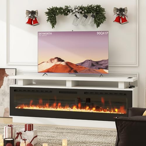 Fireplace TV Stand with 70" Smart Electric Fireplace, Wood Fireplace with Mantel, Modern Fire Place Cabinet with Socket for Living Room Farmhouse Entertainment Center (White, 70 ”) ROCSUMOO