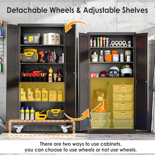 PAOFIN 71''H Tall Metal Garage Storage Cabinet with Wheels,Steel File Cabinets with 2 Doors and 4 Adjustable Shelves for Home Office, Warehouse, Required Assembly,Black PAOFIN
