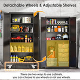 PAOFIN 71''H Tall Metal Garage Storage Cabinet with Wheels,Steel File Cabinets with 2 Doors and 4 Adjustable Shelves for Home Office, Warehouse, Required Assembly,Black PAOFIN