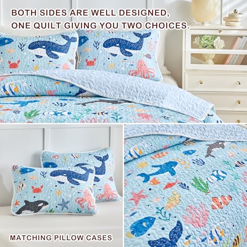 Joyreap 3 Pieces Full/Queen Size Cotton Quilt Set, World of The Sea Theme Ocean Blue Design, Cozy Lightweight Bedding Set Quilt Bedspread Bed Cover for for Kids Boys n Girls- 90x90 inches Joyreap