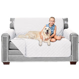 Sofa Shield Loveseat Slip Cover with Patented Strap, Large Cushion Protector, Reversible Stain and Dog Tear Resistant Slipcover, Quilted Microfiber 54” Seat, Washable Covers for Dogs Pets Kids, White Sofa Shield