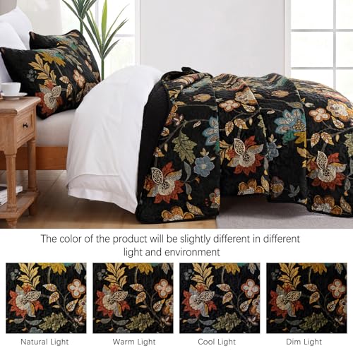 WONGS BEDDING Quilt Set Queen Size, Black Botanical Queen Bedspread Bedding Sets, 3 Pieces Floral Quilt with 2 Pillowcases,Soft Lightweight Microfiber Coverlet Set for All Season(96"X90") WONGS BEDDING
