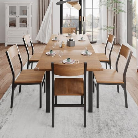 Einhomn 7-Piece Dining Room Table Set with 6 Chairs, 63" Extendable Dining Table & Chairs Set for 4-6, MDF Board & Metal Frame, for Kitchen, Dining Room, Walnut Einhomn