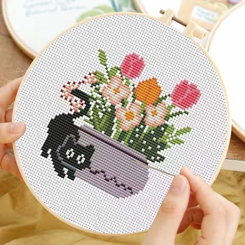3 Pack Cross Stitch Kits for Beginners,Cute Cat Stamped Cross Stitch Kits for Adults with Embroidery Hoop,Plant Embroidery Kit 11CT Easy Partial Cross-Stitch Arts and DIY Crafts for Adults Home Decor