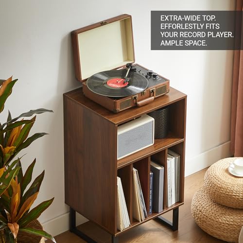 Record Player Stand with Vinyl Storage Cabinet, Turntable Table for Albums & LPs - Modern Media Console | Furniture for Living Room, Bedroom & Office | Dark Walnut FurnPulse