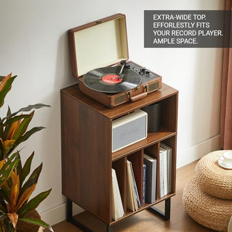 Record Player Stand with Vinyl Storage Cabinet, Turntable Table for Albums & LPs - Modern Media Console | Furniture for Living Room, Bedroom & Office | Dark Walnut FurnPulse