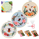 Santune 3 Pack Bee Embroidery Kit for Beginners Adult Cross Stitch Kits Hand Embroidery with Animal Patterns and Instructions,DIY Sets for Women with Hoop,Threads and Needles