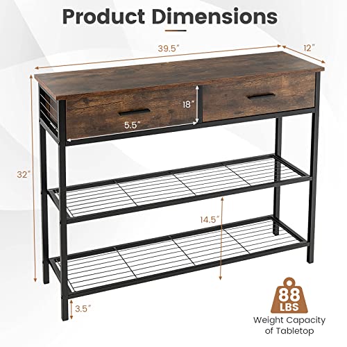 Giantex 39.5” Console Table with Storage Drawer - Entryway Table with 2 Drawers, 2-Tier Shelves, Anti-Toppling Design, Metal Frame, Sofa Side Table for Hallway, Living Room Entry Table (Brown) Giantex