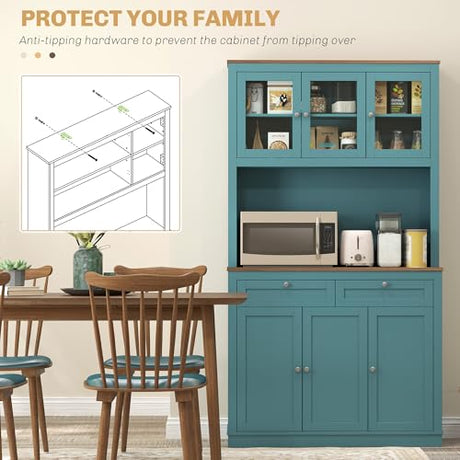 HOMCOM 71" Kitchen Pantry Cabinet, Freestanding Kitchen Hutch with Microwave Stand, 2 Drawers and Adjustable Shelves, Bar Cabinet with Glass and Recessed Doors for Dining Room, Green HOMCOM