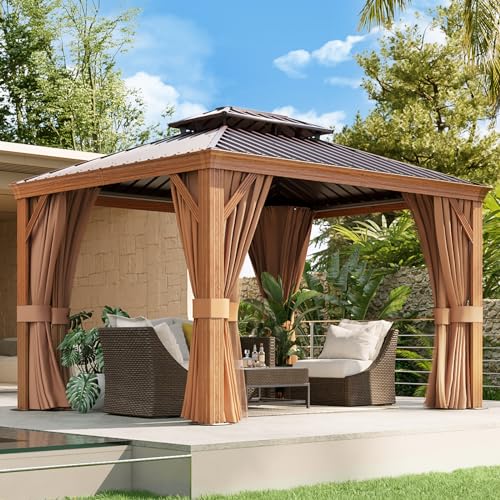 Aoxun 10' x 12' Hardtop Gazebo, Wooden Finish Coated Aluminum Frame Canopy, Galvanized Steel Double Top, Outdoor Permanent Metal Pavilion with Curtains and Netting, for Backyard, Patio and Deck