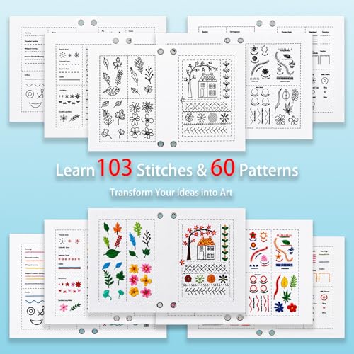 2026 Upgraded Embroidery Stitch Book Kit with 8.27"x10.65" Portable Loose-Leaf Cover, 103 Stitches & 60 Patterns, All-in-One Hand Embroidery Kit for Beginners with Tools & Step-by-Step Video Tutorials