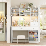 FACBOTALL Computer Desk with Hutch and RGB Lights, 65" Office Desk with Power Outlet, Makeup Vanity with 3 Doors & 3 Drawers, White Executive Desks for Home, Work and Study FACBOTALL