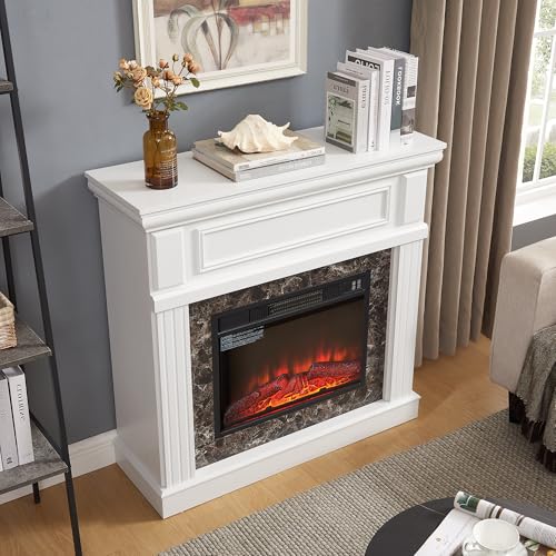 TRJQBCC 41" Electric Fireplace with Mantel, Freestanding TV Stand w/ 23" Fireplace Insert, 1400W Electric Fireplace Heater, Realistic Stacked Stone Surround & 3D Analog Flamefor Living Room(White) TRJQBCC