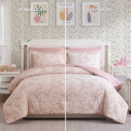 Geniospin Pink Twin Comforter Set for Girls- 5 Pieces Bowknot Jacquard Bed in A Bag Twin Bedding Sets with Sheets, Pillowcases & Shams, All Season Kids Comforter Set Geniospin