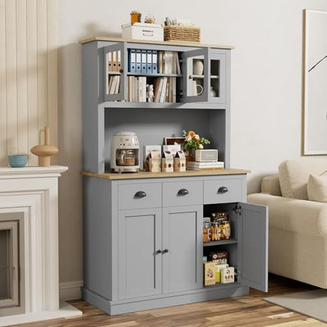 Buytime 71" Kitchen Hutch with Charging Station, Tall Pantry Storage Cabinet with Microwave Stand, Adjustable Shelves, Slide Drawers, Large Buffet Pantry Cabinet for Kitchen, Dining Room, Grey Buytime