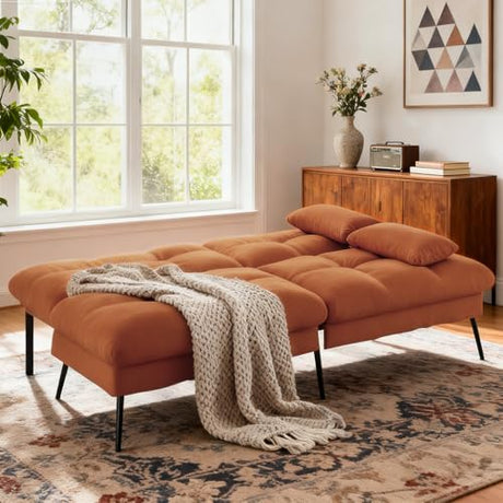 COMHOMA Convertible Sofa Bed,68″Fabric Couch with Adjustable Backrest,Loveseat Recliner Sleeper Living Room Furniture futon Set,Orange COMHOMA