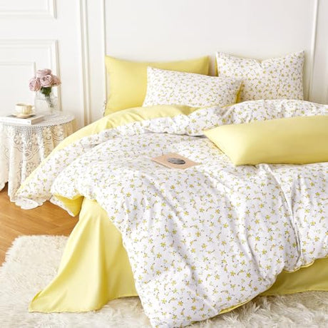Wake In Cloud - Floral Comforter Set, Coquette Cottagecore Aesthetic Cute Flower Pattern for Women Teen Girls, Soft Lightweight Dorm Bedding, 3 Pieces, Yellow White, Full Size Wake In Cloud