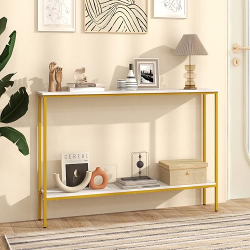 Giantex 44" Gold Console Table with Shelf, Narrow Long Entryway Table with Dual Anti-Tipping Kits & Metal Frame, 2-Tier Sofa Table Behind Couch, Hallway Table for Living Room, Entrance, Foyer Giantex