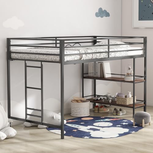 LOPOO Twin Loft Bunk Bed with Cinnamon Wood Shelf and Black Metal Frame - Stylish Space-Saving Solution for Kids - WoodArtSupply