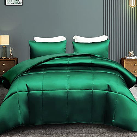 Whale Flotilla 2-Piece Reversible Silky Soft Twin Size Comforter Bedding Set, Luxurious Satin Comforters with Satin Pillowcase, Lightweight Duvet for All Seasons,Deep Green Whale Flotilla