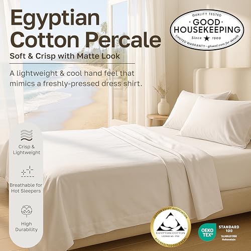 California Design Den Certified 100% Egyptian Cotton Sheets Queen Size Bed Set - Lightweight & Crisp Percale Queen Sheet Set Deep Pocket, Durable Luxury Bedding - White California Design Den