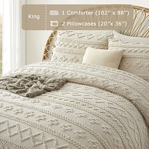 Oli Anderson Beige King Comforter Set Tufted Geometry Bedding Set King 3 Pieces, Boho Shabby Chic Comforter with 2 Pillowcases Oli Anderson