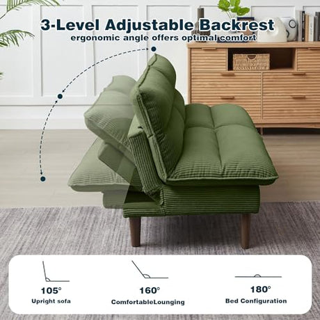 Enobala Convertible Futon Sofa Bed, Modern Folding Futon Couch with 3-Level Adjustable Backrest, Sleeper Loveseat Sofa Recliner Couch for Living Room Apartment, Green Enobala