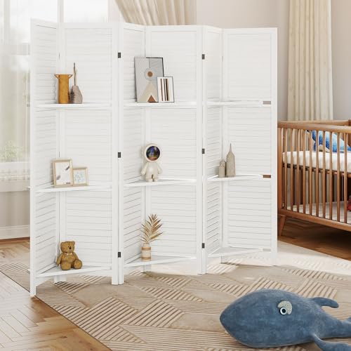 HOMCOM Room Divider, 6 Panel 67" Tall Wood Privacy Screen with 3 Display Shelves, and Folding Storage for Bedroom or Home Office, White HOMCOM