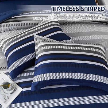 Dobuyly Navy Blue Queen Comforter Set 7 Pieces, Boho Striped Bed in a Bag Queen Size Soft Microfiber All Season Bedding Set with Comforter, Sheets, Pillowcases & Shams Dobuyly