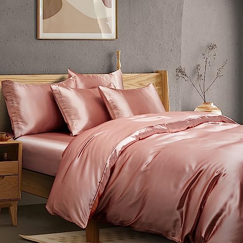 Manyshofu 6Pcs Rose Gold Duvet Cover Set Queen Size - Satin Fitted Sheet & Pillowcases, Silky Duvet Cover Manyshofu