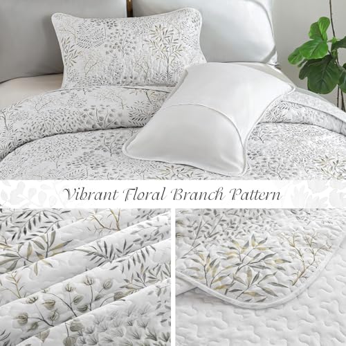 WONGS BEDDING Floral Quilt Set Queen Size, 3 Pieces Botancial Bedspread Coverlet Set, Bamboo Leaves Pattern Soft Lightweight Farmhouse Flower Bedding Set for All Season (96"x90") WONGS BEDDING