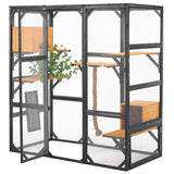 Outdoor Cat House, 68.5" H Large Wood Cat Catio with Double Enter Doors, DIY Pet Enclosure, 62.8" L x 32.2" W x68.5 H Balcony Cat Playpen with Platforms and Two Condos (Black Brown/97) JIVOIT