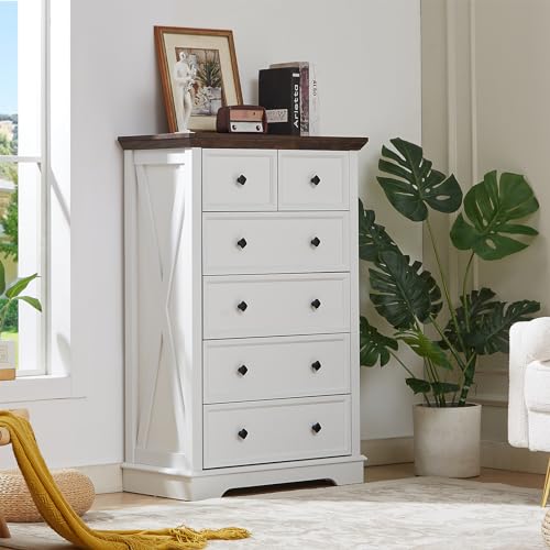 LDTTCUK 6 Drawer Dresser, Farmhouse Dresser Chest of Drawer for Bedroom, 48 Inch Tall Dresser, Wood Storage Chest of Drawers Storage Cabinet for Living Room, Entryway, Hallway, White LDTTCUK